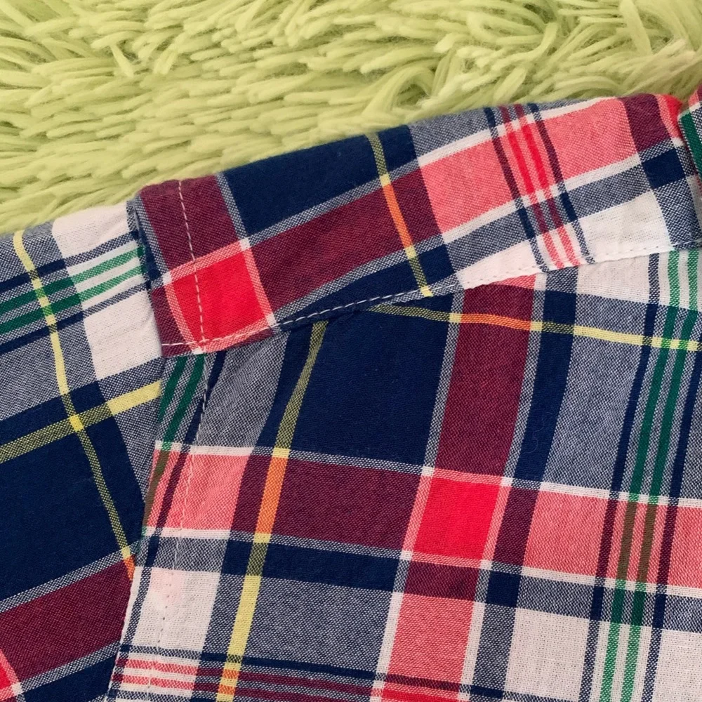 Children’s Place Shirt Boy L 10/12 Red White Blue Plaid Button Down Short Sleeve